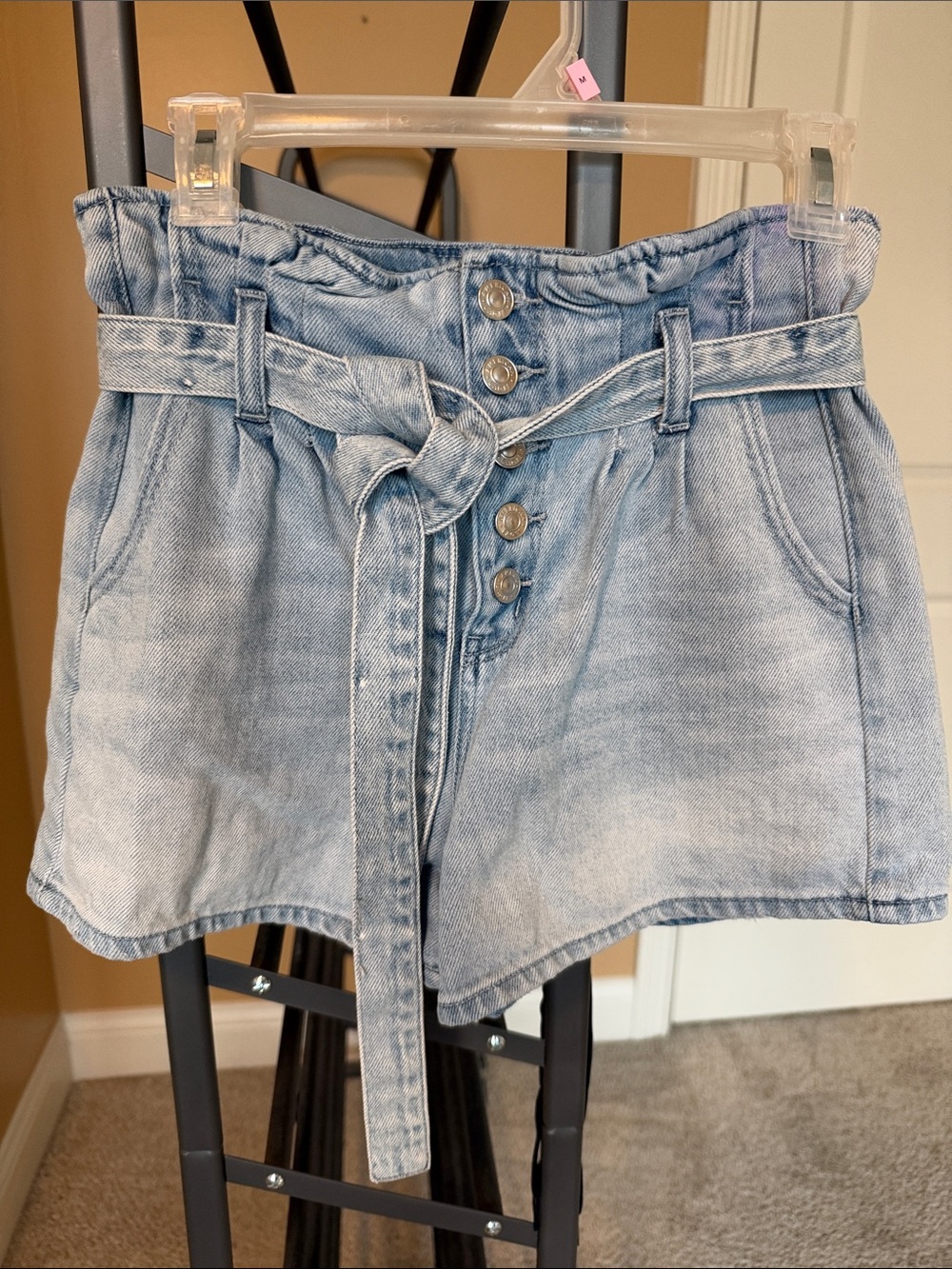 American Eagle Outfitters Light Blue High-Waist Paperbag Denim Shorts with Belt